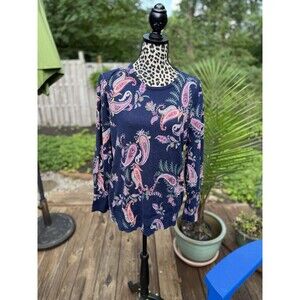 Talbots Lightweight Sweater XL Blue Shadow Paisley Cotton Blend Crew Neck READ